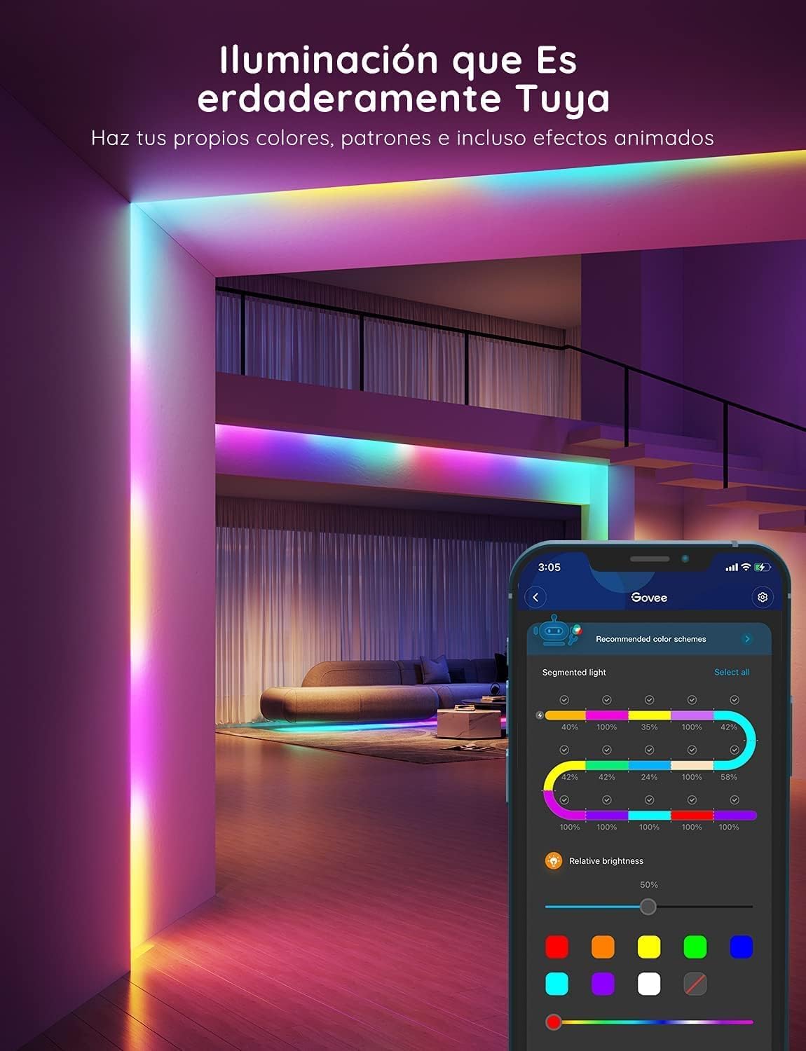 CABLE DE LUCES GOVEE LED RGBIC WIFI + BLUETOOTH LED CON COVERTOR DE PROTECCION 5MTS H619A1D1-OF-LA
