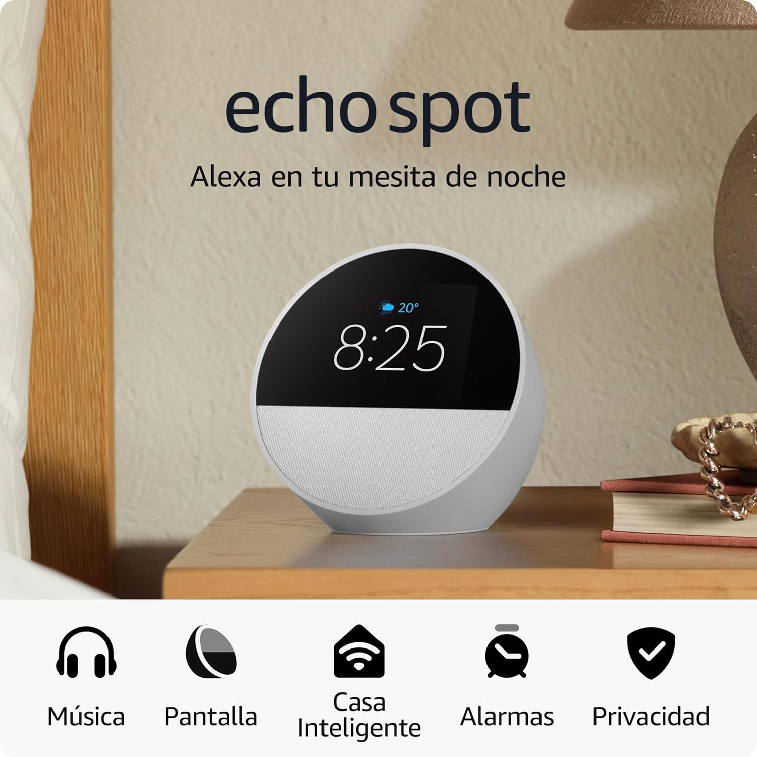 AMAZON ECHO SPOT 2024 CON RELOJ, ALARMA Y ALEXA - BLANCO