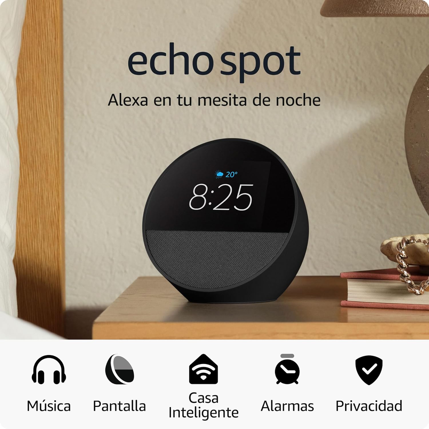 AMAZON ECHO SPOT 2024 CON RELOJ, ALARMA Y ALEXA - NEGRO