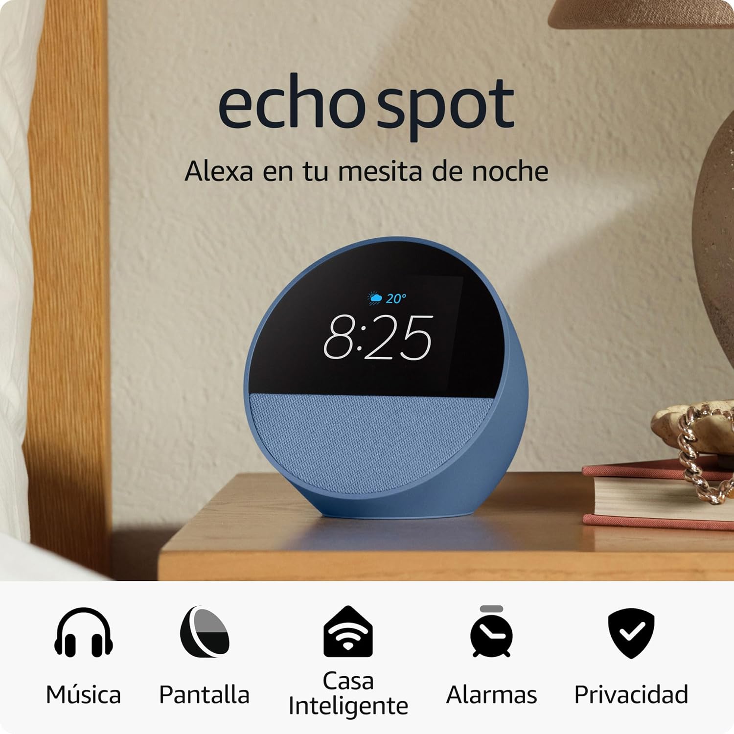 AMAZON ECHO SPOT 2024 CON RELOJ, ALARMA Y ALEXA - AZUL
